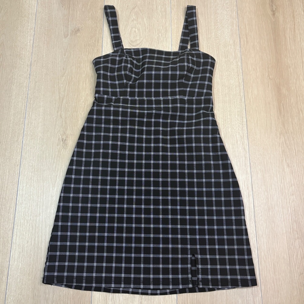 Hollister Black White Plaid Mini Dress Side Slit Square Neck XXS Short Academia